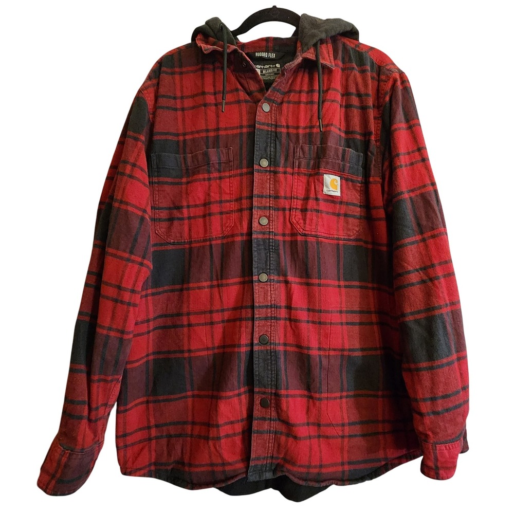 Carhartt Hooded Rugged Flex Flannel Shirt Mens L Red Plaid Fleece Lined Relaxed